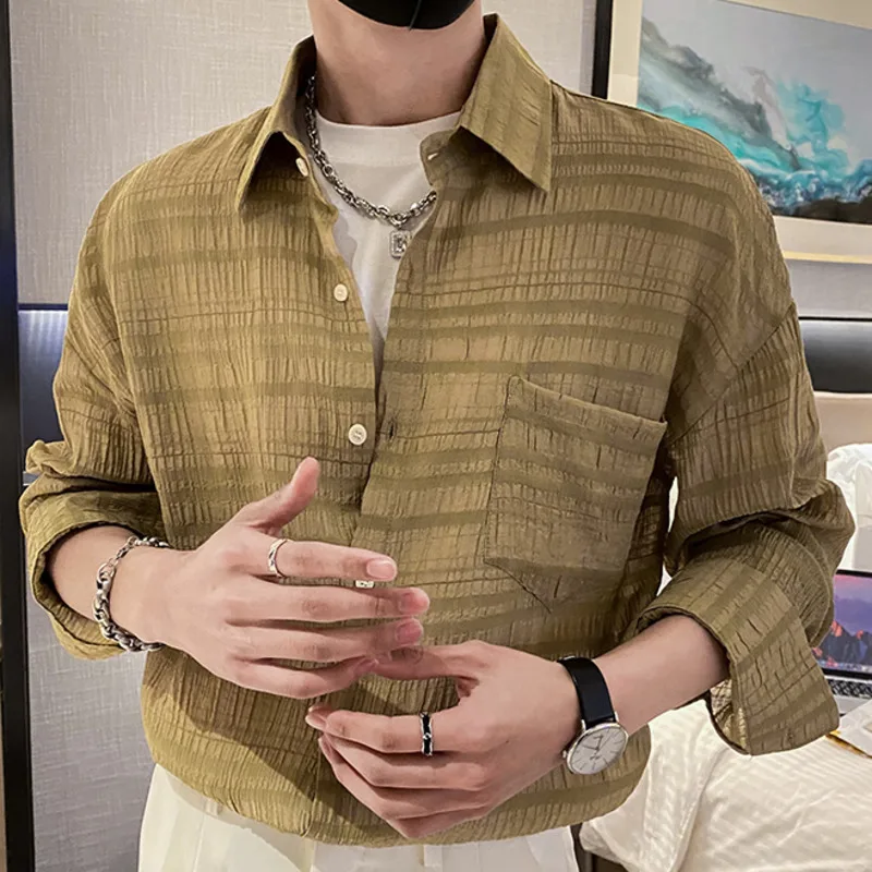 

Solid Color Jacquard Shirt Pleated Slim No Iron Shirt Men Camisa Hombre Shirt Long Sleeve Fashion Business Formal Dress Shirt