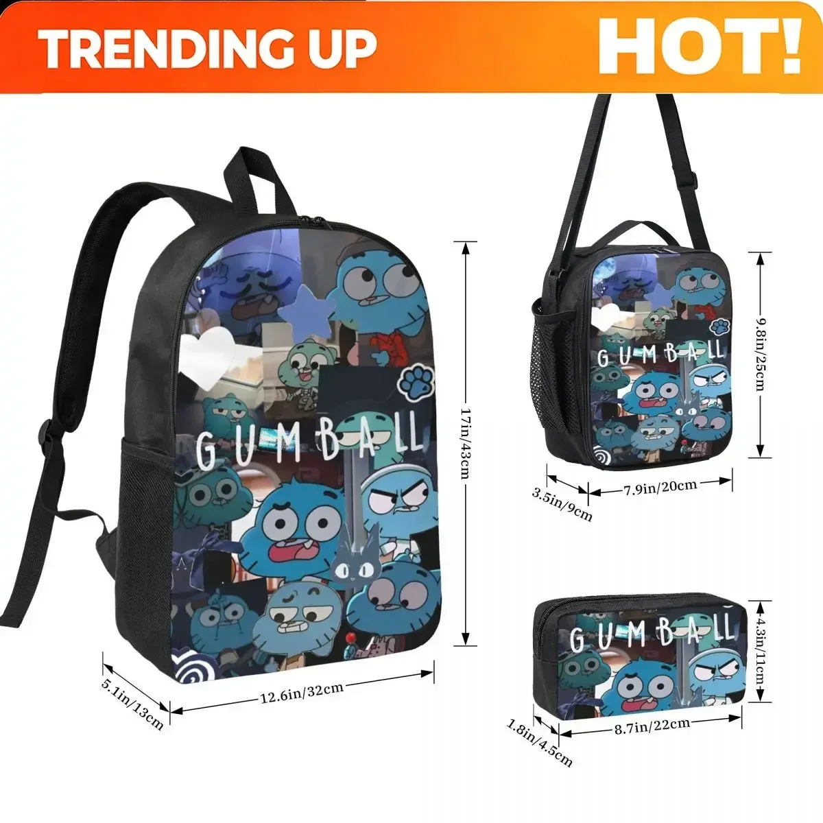 Custom Bag 3Pcs The Amazing World Of Gumball Backpack Set For Children Pencil Boxes Bookbag Sets With Lunch Box For School Stude