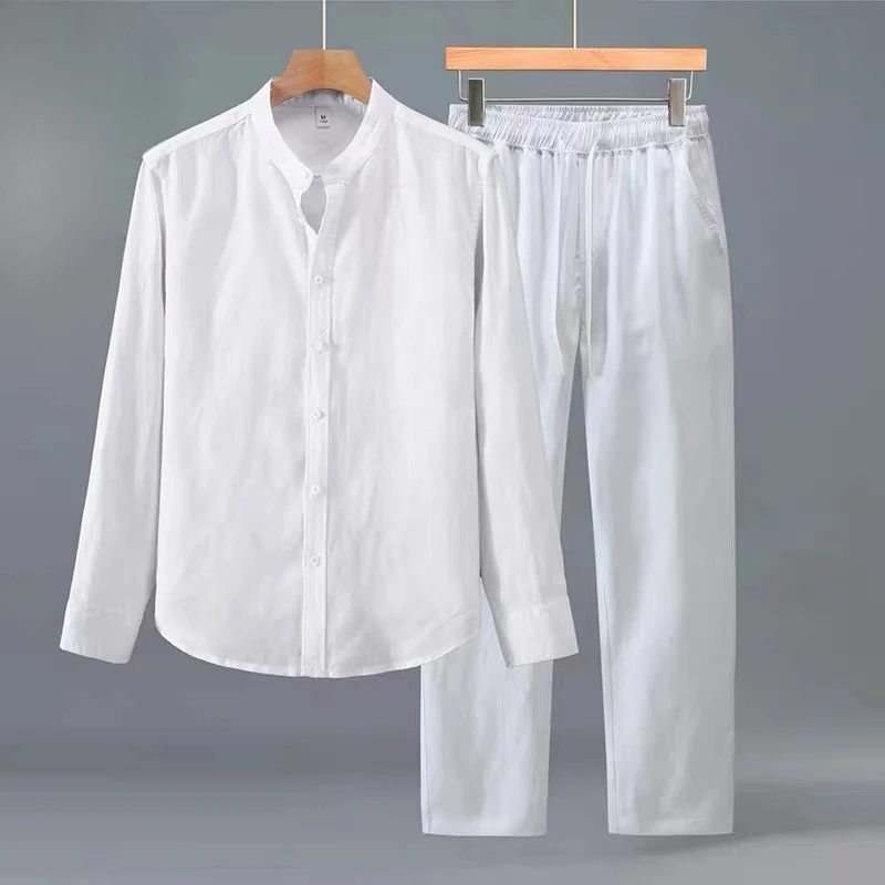 Men's Summer Casual Shirt Long Sleeve Silk Linen Thin Breathable Stand Collar Two Piece Set Loose Fit Comfortable Lightweight