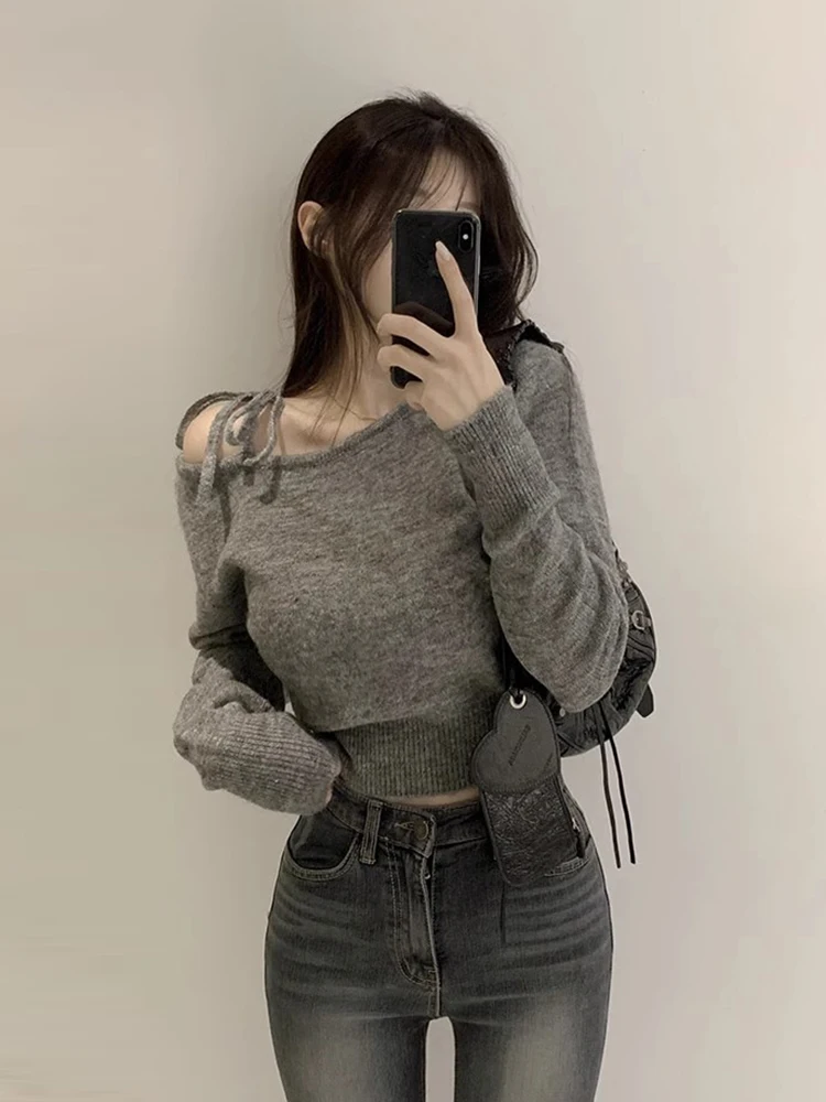 Chic Autumn Winter Knitted Short Sleeve Long Sleeve Sweater Women's Shoulder Bared Slant Collar Slimming Slish Versatile Top