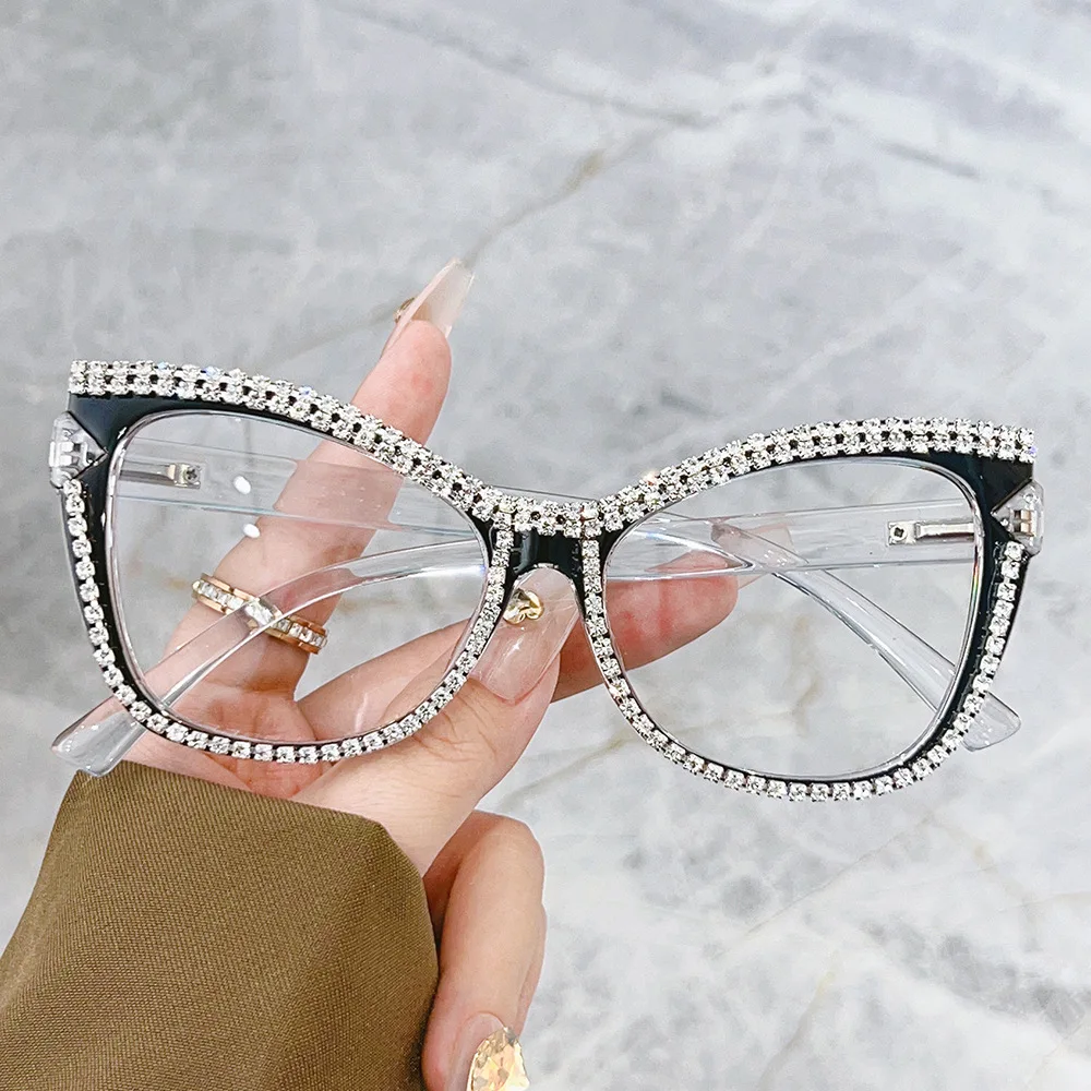 Fashion Cat Eye Glasses With Rhinestones Vintage Trendy Brand Design Anti Blue Light Glasses Women Decoration Computer Eyewear