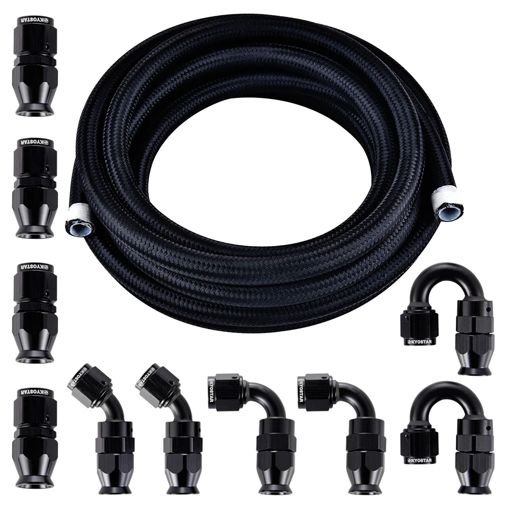 6AN 5/16'' PTFE Fitting Kit E85 Hose Braided Fuel Injection Line Fitting Kit 16FT Nylon Stainless Steel Black Braided Oil Pipe