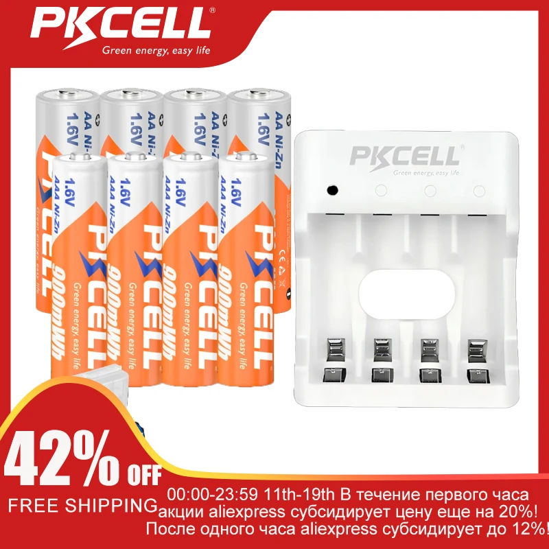 PKCELL 4PC 1.6V AA 2500mWh Battery And 4PC AAA 900mWh 1.6V NI-ZN Rechargeable Battery for Toys Flashlight Camera Power Tool