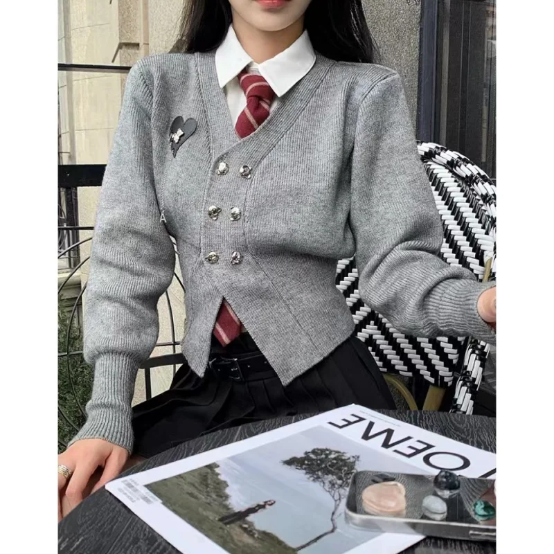 Women Clothing Vintage Knitting Sweater Fake Two Pieces Cardigan Jacket Grey Long Sleeve Casual Fashion Female Winter Short Tops