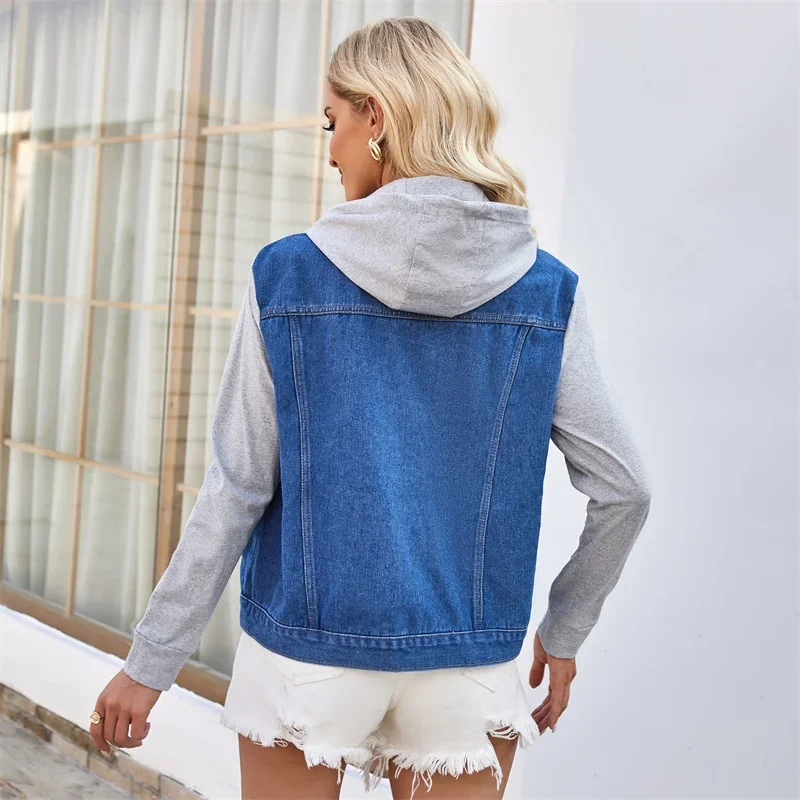 Spring Autumn New Detachable Hooded Denim Jacket Women Single-breasted Cardigan Splice Long Sleeve Female Casual Outerwear Coat