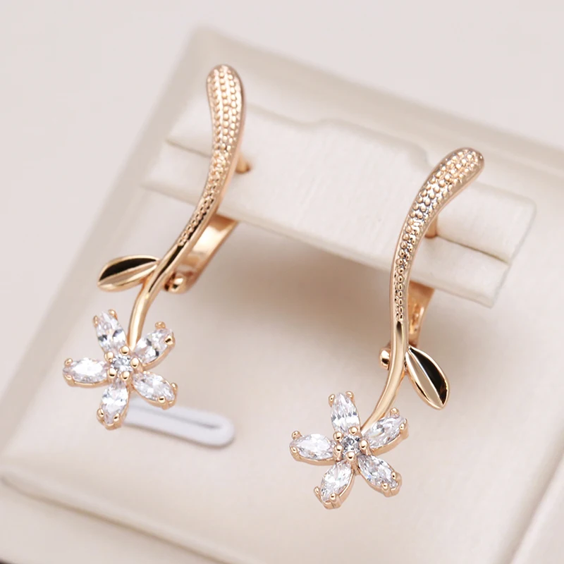 Kinel Fashion Natural Zircon Flower Long Drop Earrings for Women 585 Rose Gold Color Elegant Bridal Wedding Daily Fine Jewelry