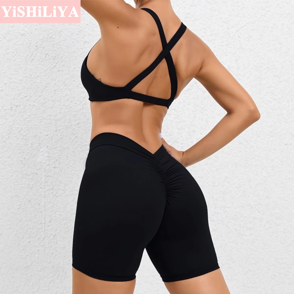 

Women's Seamless Yoga Set Shockproof Gathering Bra Tight Hip Lifting Shorts 2-Piece Quick Dried Running Fitness Sportswear