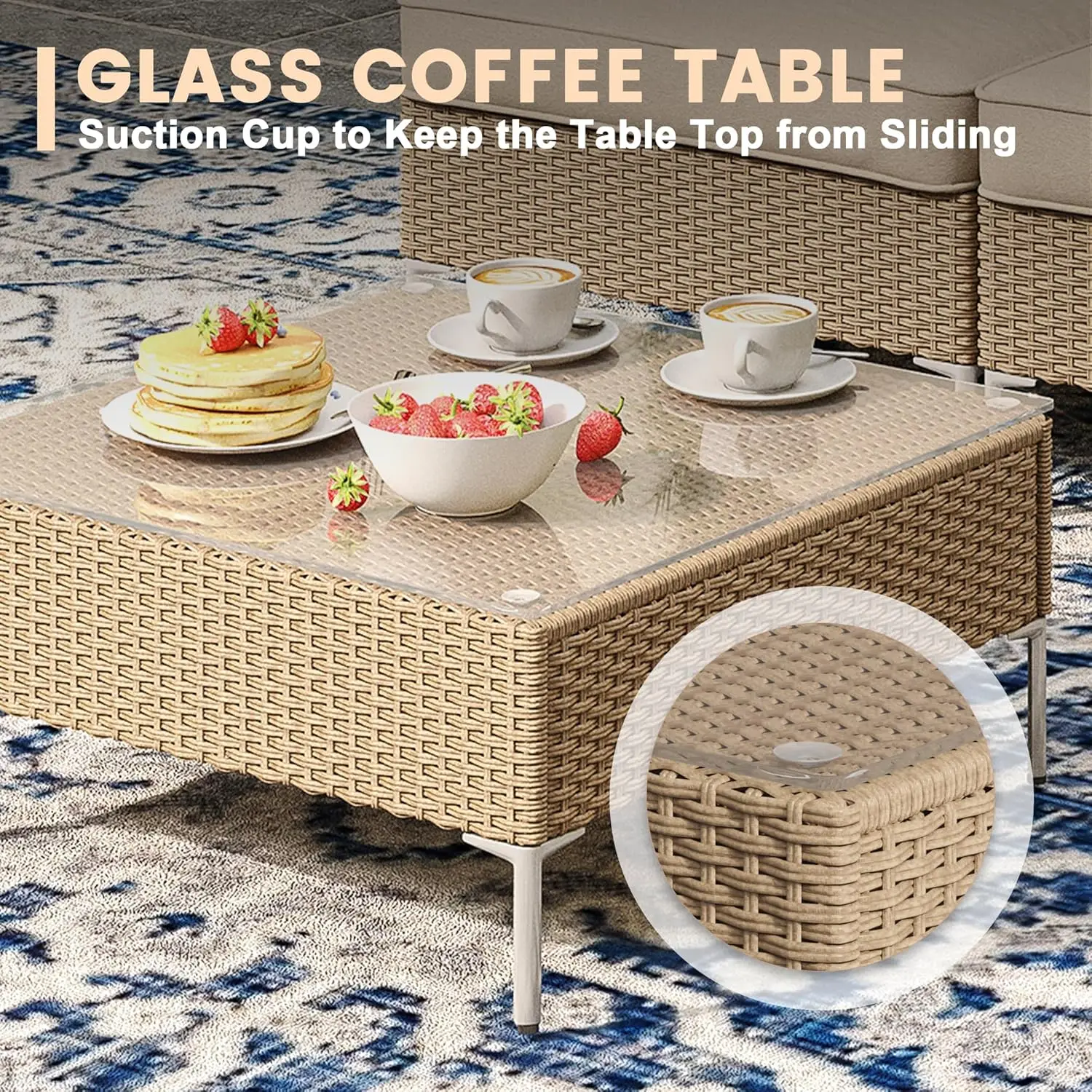 Furniture Set, Outdoor Conversation Set Sectional Sofa with Cushion & Glass-Top Coffee Table,Poolside, Backyard