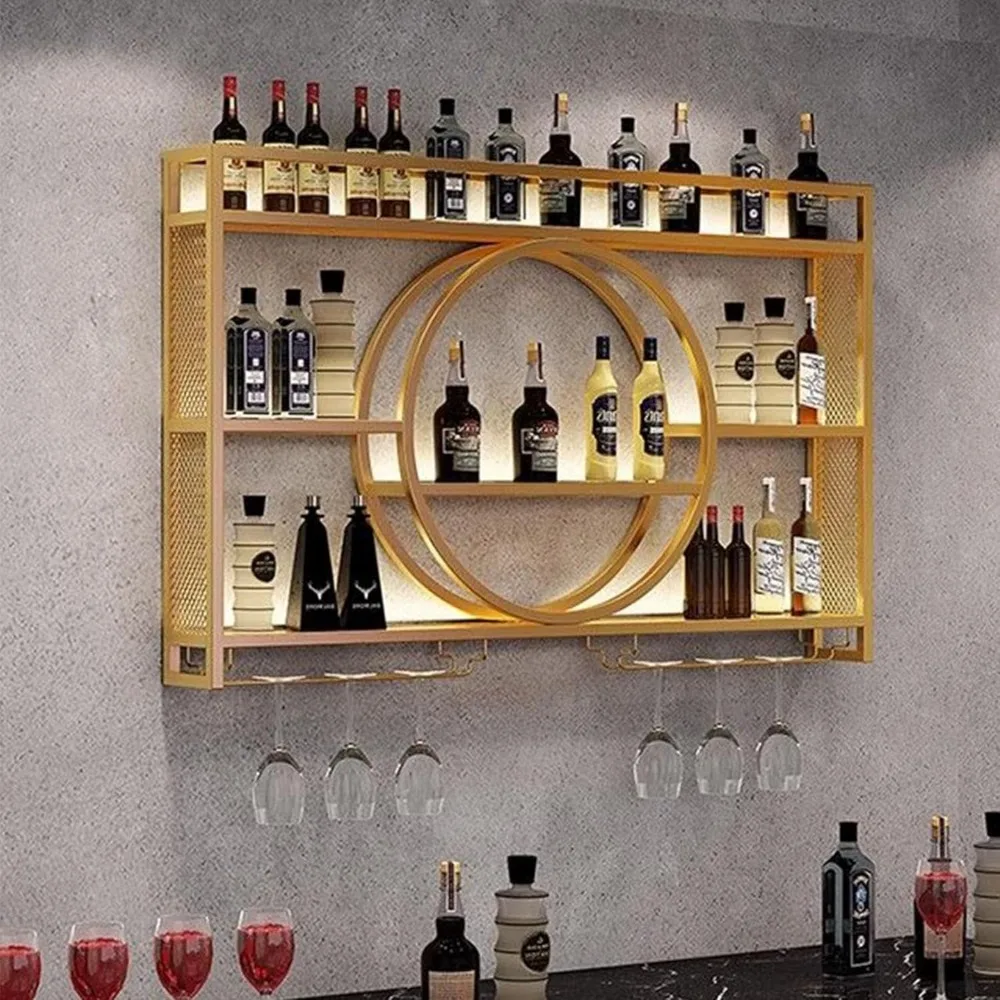 Wine rack de pared con soporte de vidrio integrado y estantes flotantes iluminados por LED para exhibición de botellas de licor