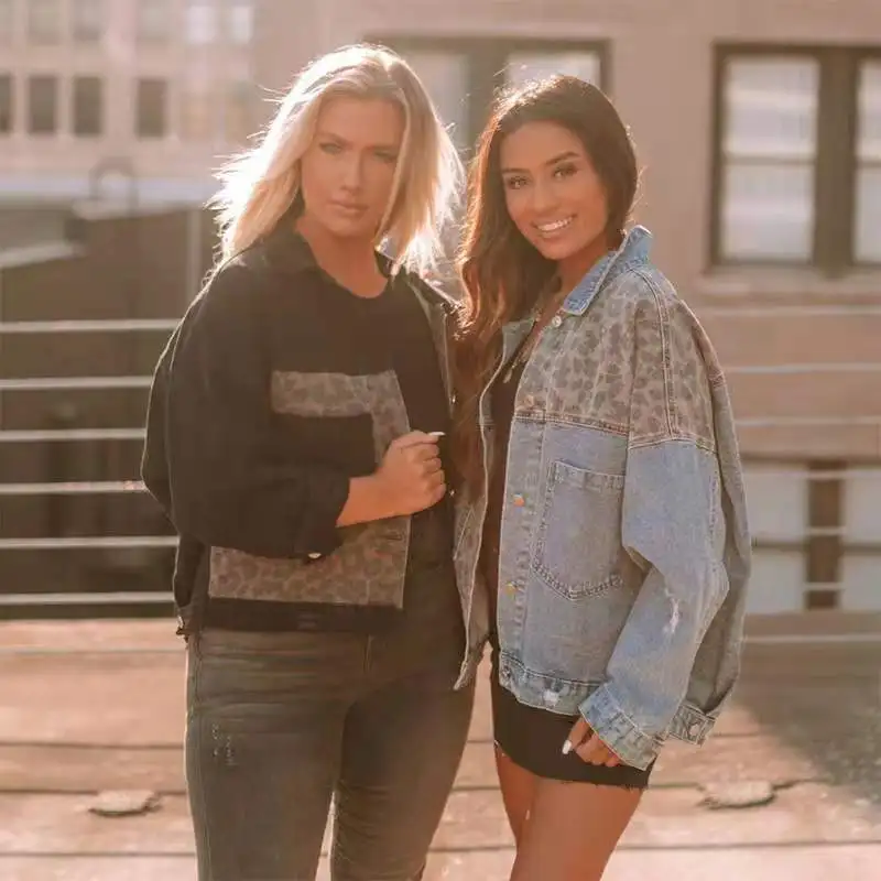 Primavera Autunno ort Denim Jaet Stazione indipendente da donna Modello spot Splicing Stampa leopardata Jaet Bottone superiore Sle