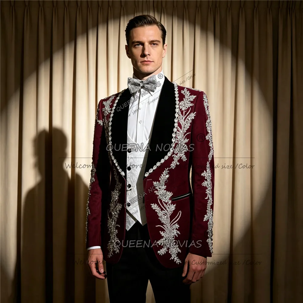 Sparkly Diamond Beaded Suit Men For Wedding Floral Jacquard Pattern Prom Blazer Customized 3 Piece Sets Groom Tuxedos Attire