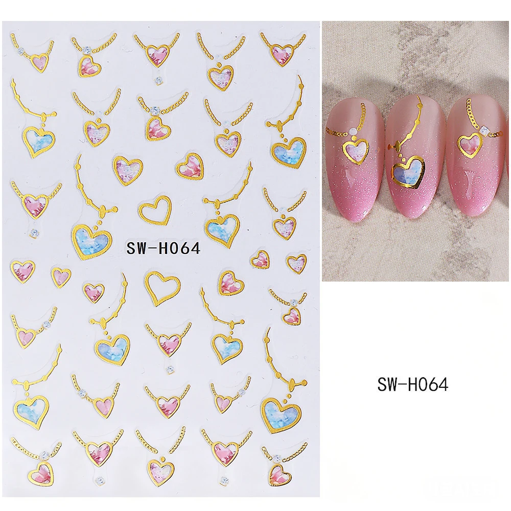 1 Uds. Collar 3D, gemas de corazón de amor, pegatinas para decoración de uñas, líneas doradas francesas, corazón de amor, purpurina, corazón, calcomanías de San Valentín, suministros para uñas
