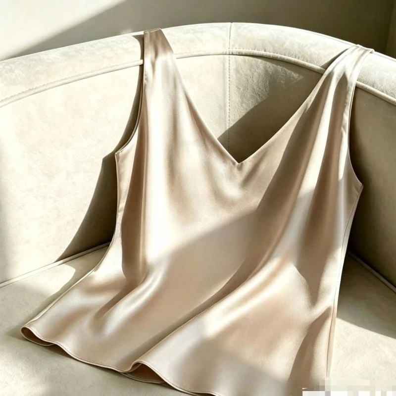 Satin Camisole Women Elegant V-neck Sleeveless Halter Vest Thin Loose Smooth Texture Breathable Lightweight Inner Basic Tank Top