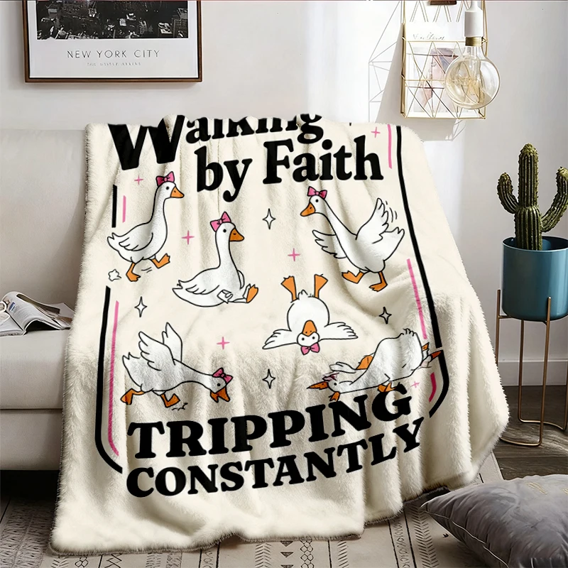 Funny Christian Flannel Blanket, Unisex Flannel Throw, Walking By Faith Tripping Constantly, Silly Faith Goose