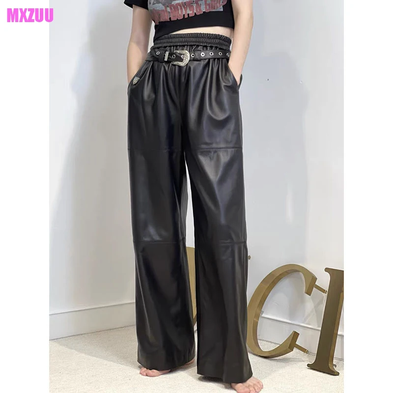 Women’s Leather Trousers Spring Autumn European and American Fashion Sheepskin Elastic Waist Loose Wide Leg Pants Mopping Pants