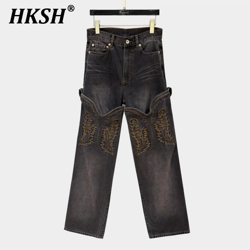 

HKSH Spring Summer Women Retro Tide Straight High Street Fashion Embroidered Spliced Jeans Chic Ins Y2K Punk Denim Pants HK4896