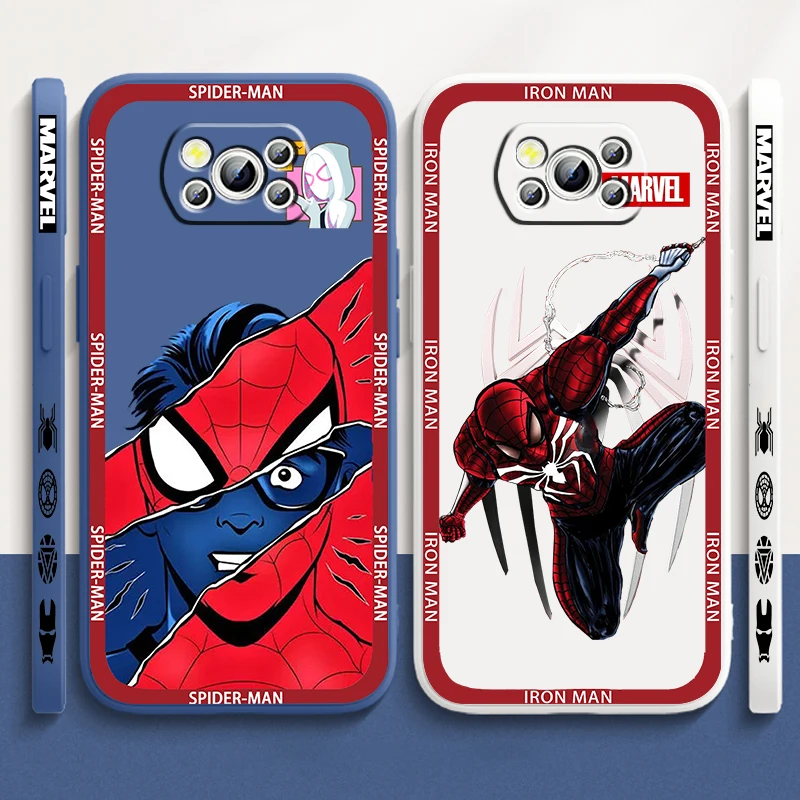 Marvel Super Spiderman Hero Liquid Left Rope For Xiaomi Mi Poco X6 X5 X4 X3 M6 M5 M5S M4 M3 F5 F4 F3 Pro 5G Back Phone Case