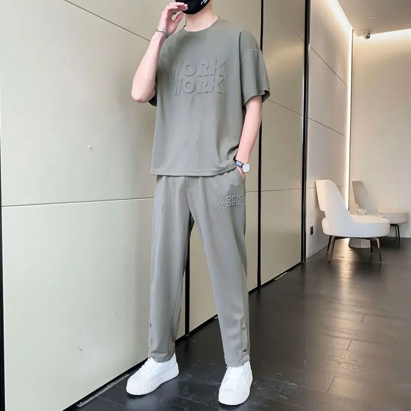 Grey T Shirt Man Outdoor Pants Sets No Logo Men's Clothing Alphabet Top Regular Fit Tracksuit Short Quarter Sleeve Sports Suits