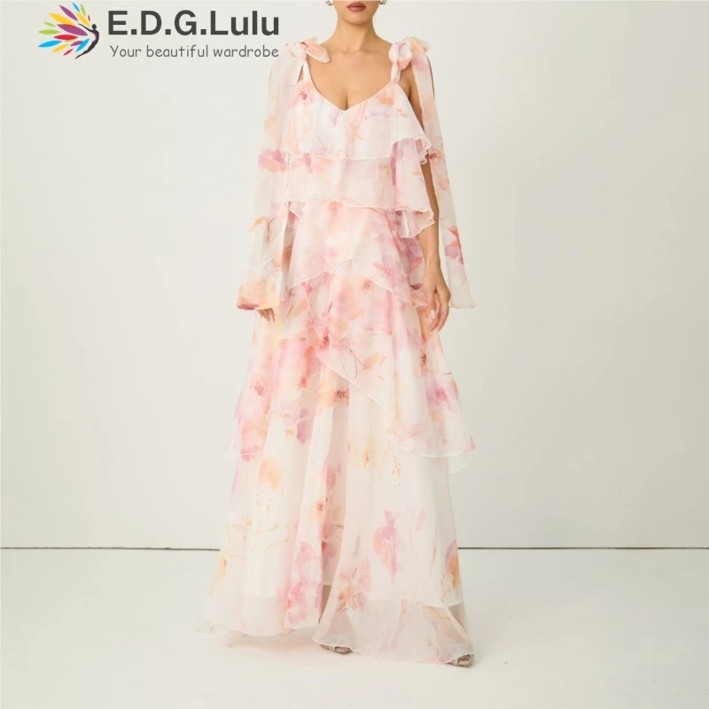 EDGLuLu Bohemian Retro Floral Print Loose Long Dresses For Woman V-Neck Sleeveless Camisole Dress Beach Vacation 0409