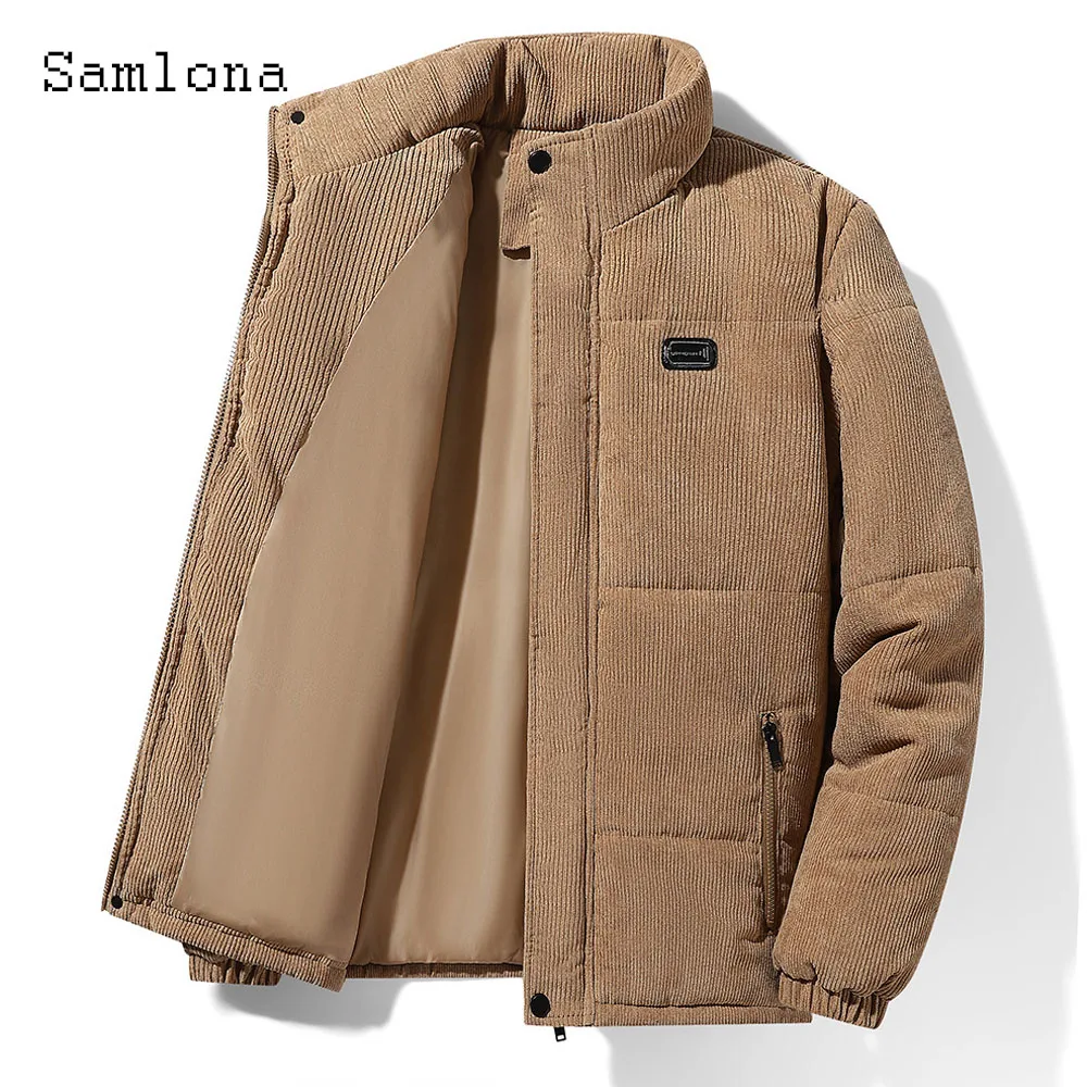 Samlona Plus Size 4xl 5xl Mens Fashion Leisure Corduroy Jacket Vintage Zipper Pocket Tops Outerwear 2023 New Winter Cotton Coats