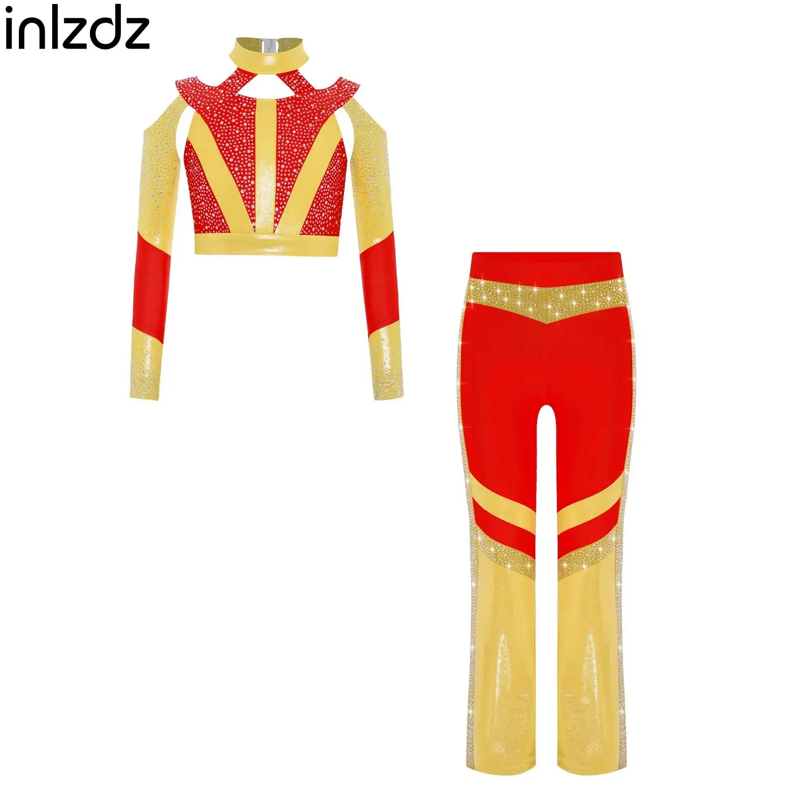 

Girls Rhythmic Gymnastics Outfit Long Sleeve Cross Back Cutout Crop Top Flared Pants Set Acrobatics Figure Skating Dance Costume