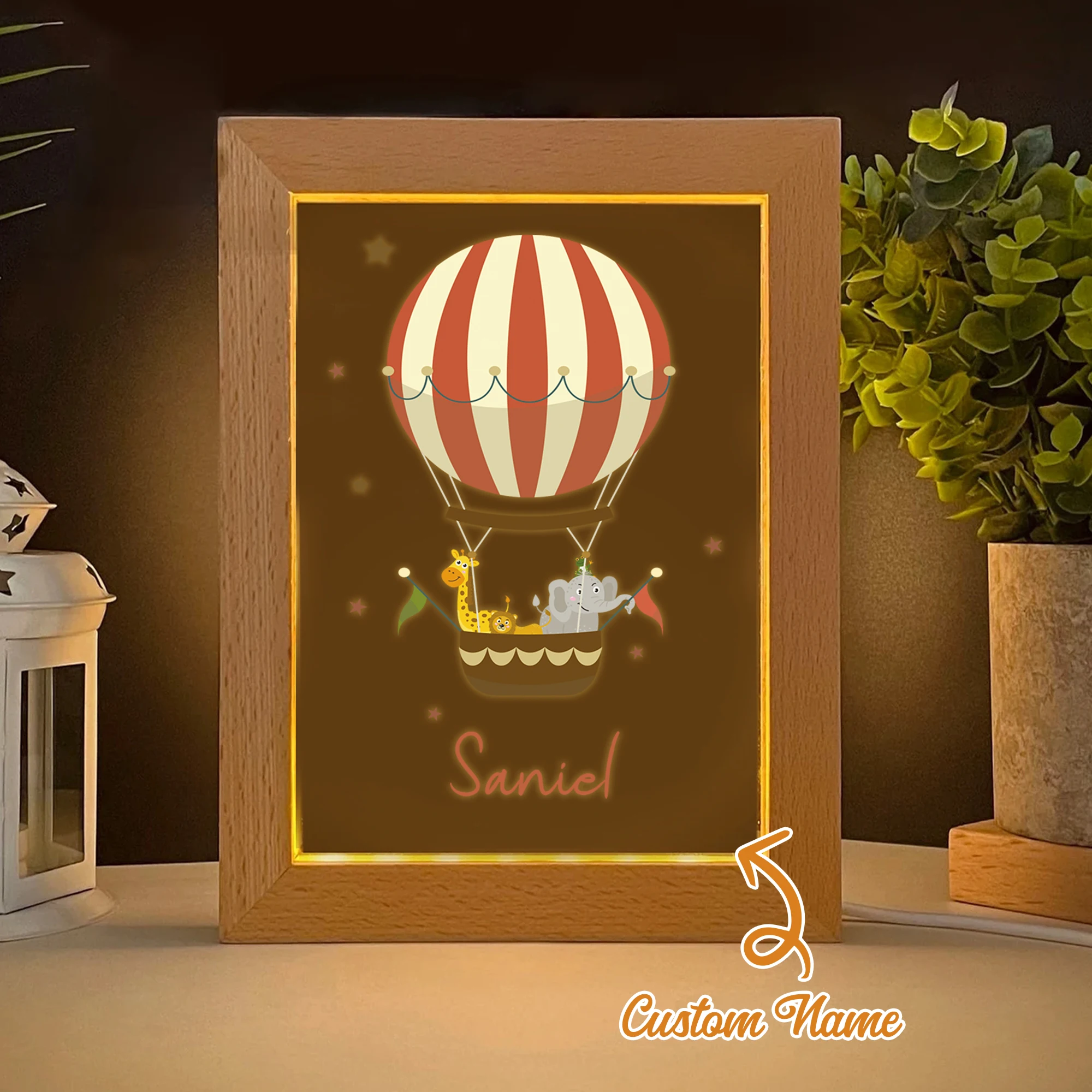 

2D Flat Custom Name Hot Air Balloon LED Acrylic Night Light Wood Photo Frame 21x17cm Cartoon Children's Bedroom Gifts Home Decor