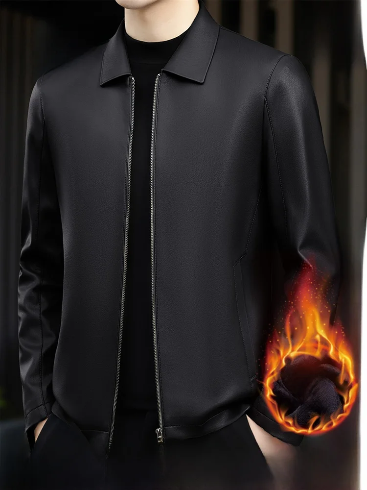 Pierre Cardin Men's Thickened Fleece Lined Leather Jacket Winter Fashion Urban Casual Long Sleeve Zipper Closure Straight Hem