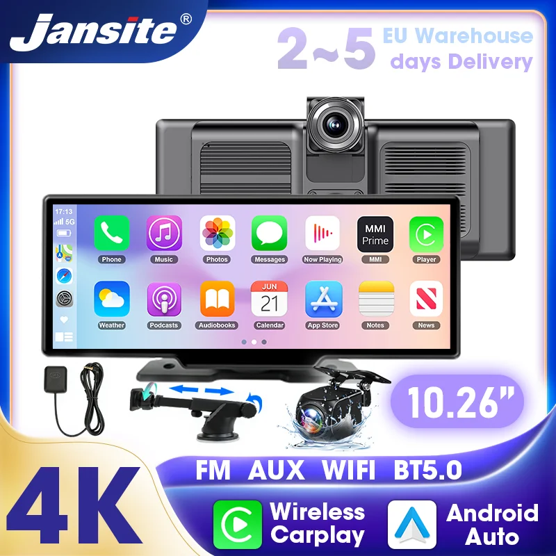 Pantalla Carplay Jansite de 10.26 pulgadas para automóvil, grabadora de video, sistema de inteligencia para automóvil con CarPlay inalámbrico y Android Auto, reproductor multimedia de video universal para radio de automóvil, reproductor de video BT AUX FM, cámara de reversa, WIFI 5G, DVR 4K, cámara de tablero, navegación GPS.