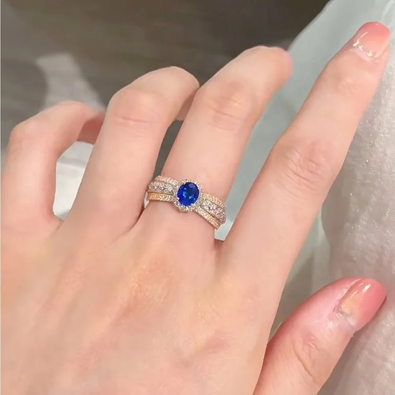 S925 sterling silver French lace edge simulated sapphire oval ring birthday gift birthday wedding gifts for guests party favors