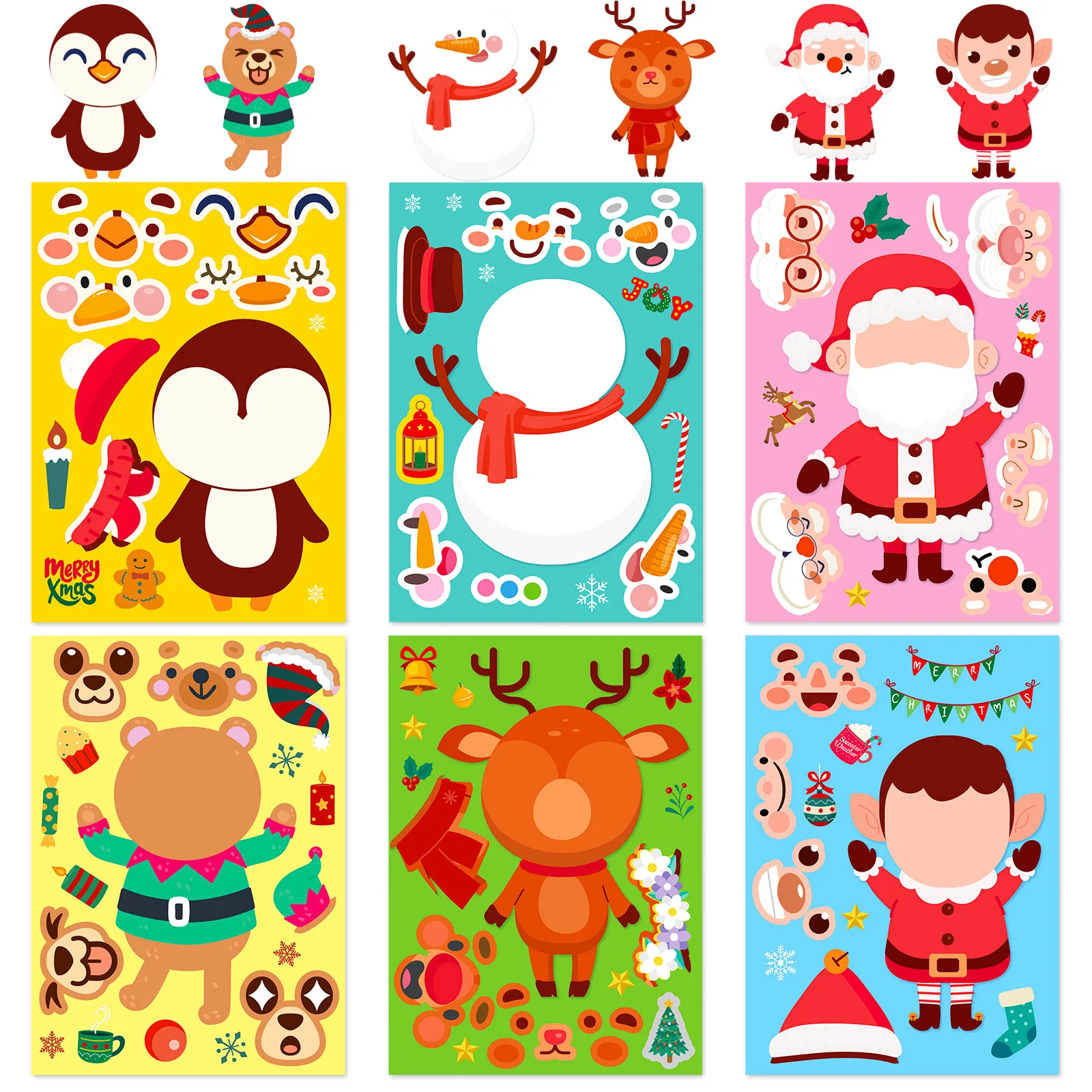 6/12/18 PCS Cartoon Christmas Face Changing Sticker for Children Santa Claus Snowman DIY Puzzle Cartoon Sticker For Kids