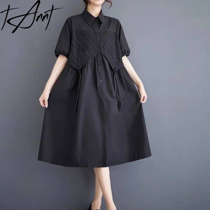 Tannt Women Dress Short Sleeves Asymmetry Black Shirts Dresses Irregular Fashion Loose Summer Dresses 2024 New