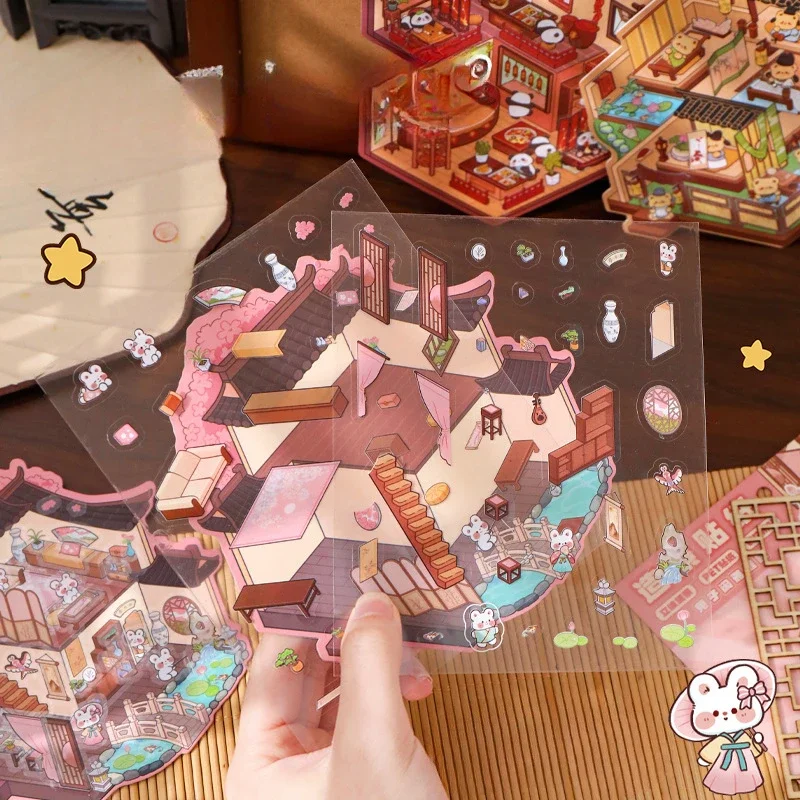 Miniature scene Cartoon Chinatown Cabin Scene Stickers Stacking Pasting Festival Birthday Gift for Kid Child Student
