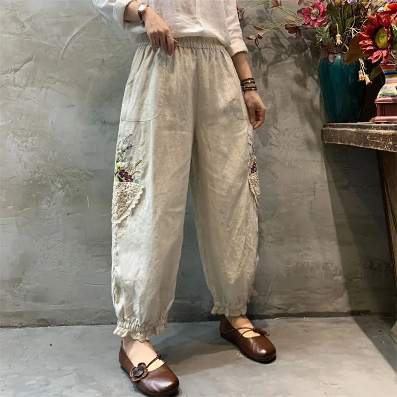 2024 New Summer Fashion High End Retro Art Lace Embroidered High Waist Pocket Loose Oversized Casual Versatile Harlan Pants