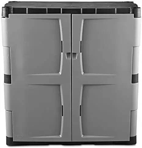 Freestanding Storage Cabinet with Doors,  Medium, Gray/Black, Two-Tier Lockable Cabinet, Indoor/Outdoor