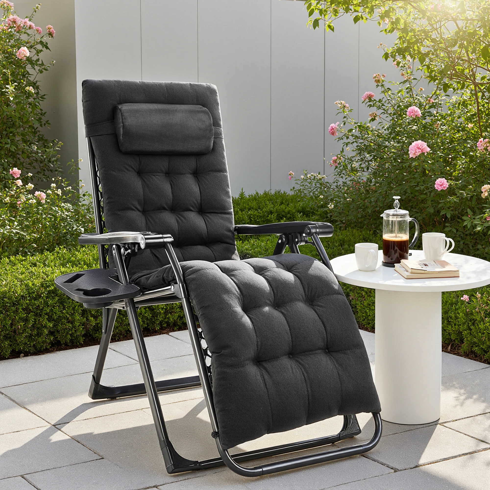 JHK-sillón reclinable de gravedad cero para acampar, sillón plegable portátil con portavasos, bandejas, cojín extraíble para jardín al aire libre