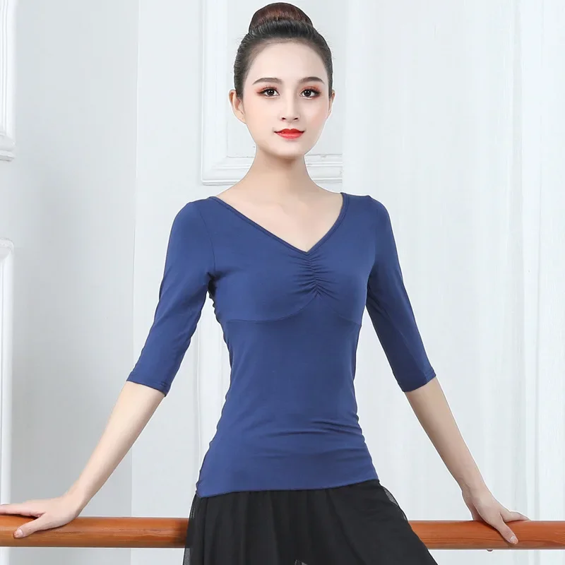 

Adult Latin Dance Practice Clothes Summer Modal Short Sleeve Tops Modern Ballroom Stage Performance Training Costumes For Girls