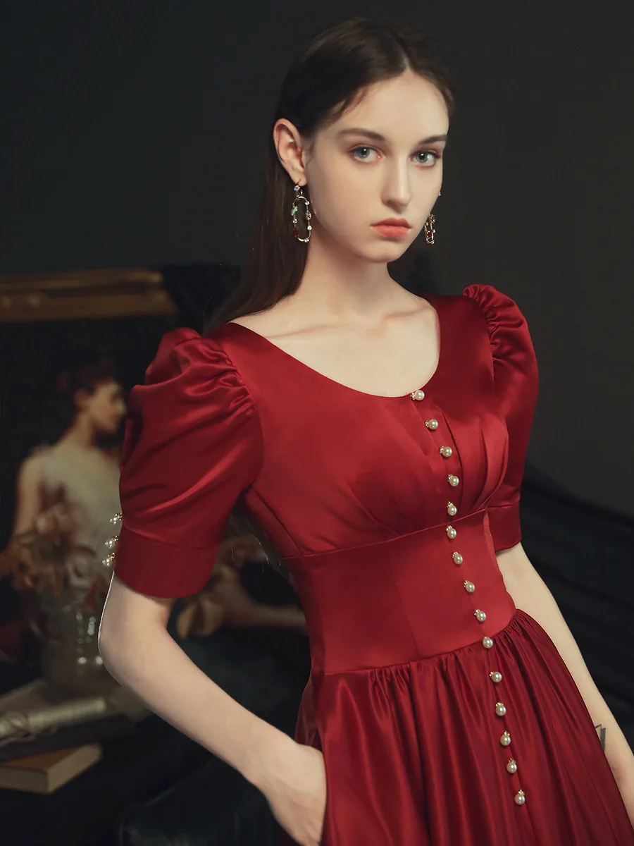 Vestido De Noche De satén rojo vino Vintage, elegante, manga corta, sencillo, largo, para fiesta De graduación