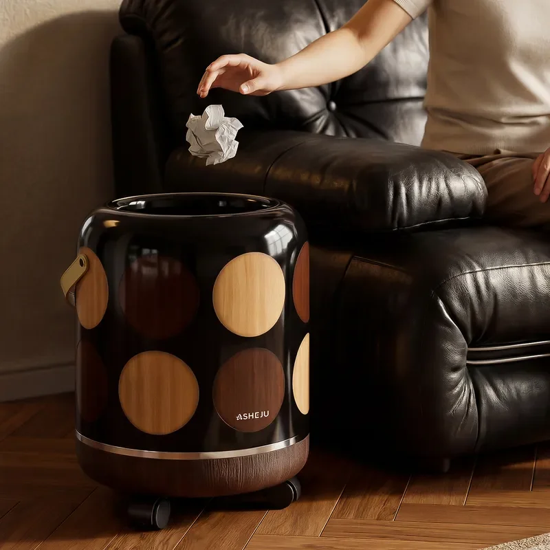 Medieval Style Trash Can with Wheels Large Capacity Retro Polka Dot Design Light Luxury Removable Waste Basket for Home