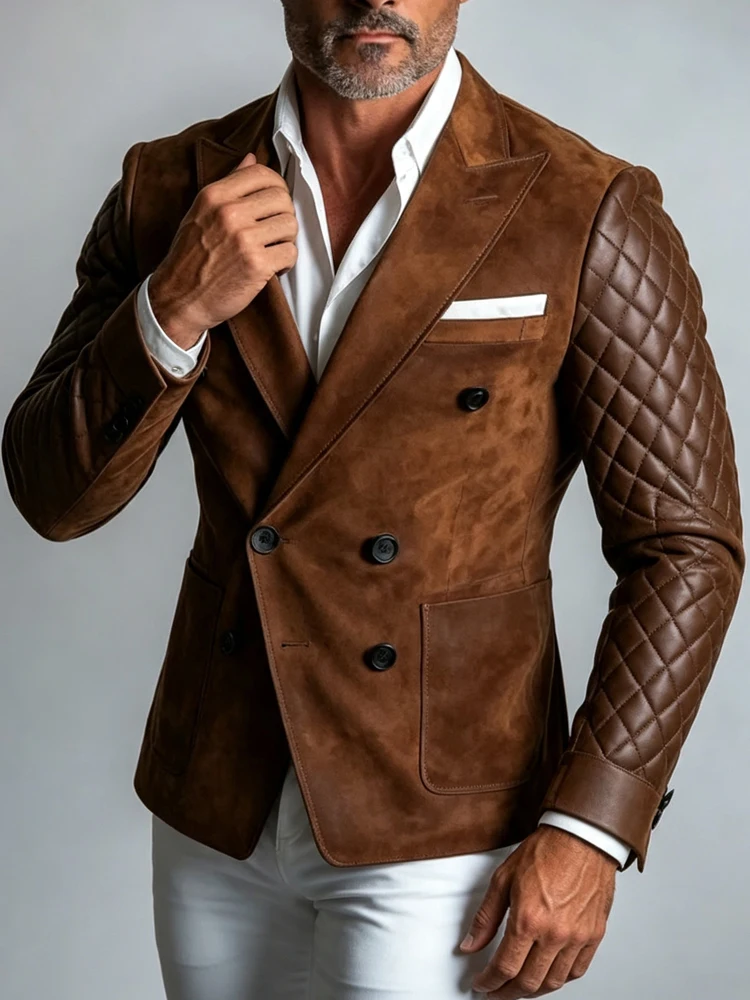 Men's Slim Fit Business Blazer Double Breasted Suede Quilted Sleeve Formal Business Suit Jacket Party Work Winter Outerwear