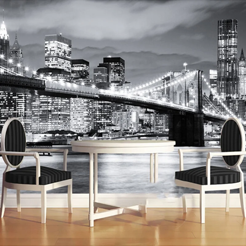 

Custom Mural Night View Manhattan Bridge New York European And American Cities Black And White Living Room Backdrop Wallpaper