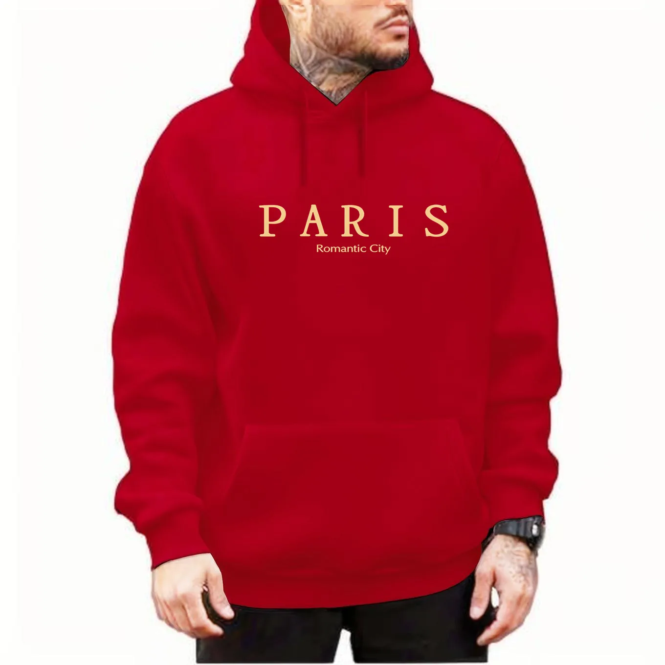 PARIS Romantic City Print, Sweatshirt With Long Sleeves, Men\'s Creative Slightly Flex hooded Pullover For Spring Fall And Winter