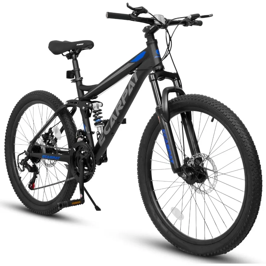 

24 Inch Full Suspension Mountain Bike with 21 Speed Gears Steel Frame Dual Disc Brakes for Trail Riding Commuting and U