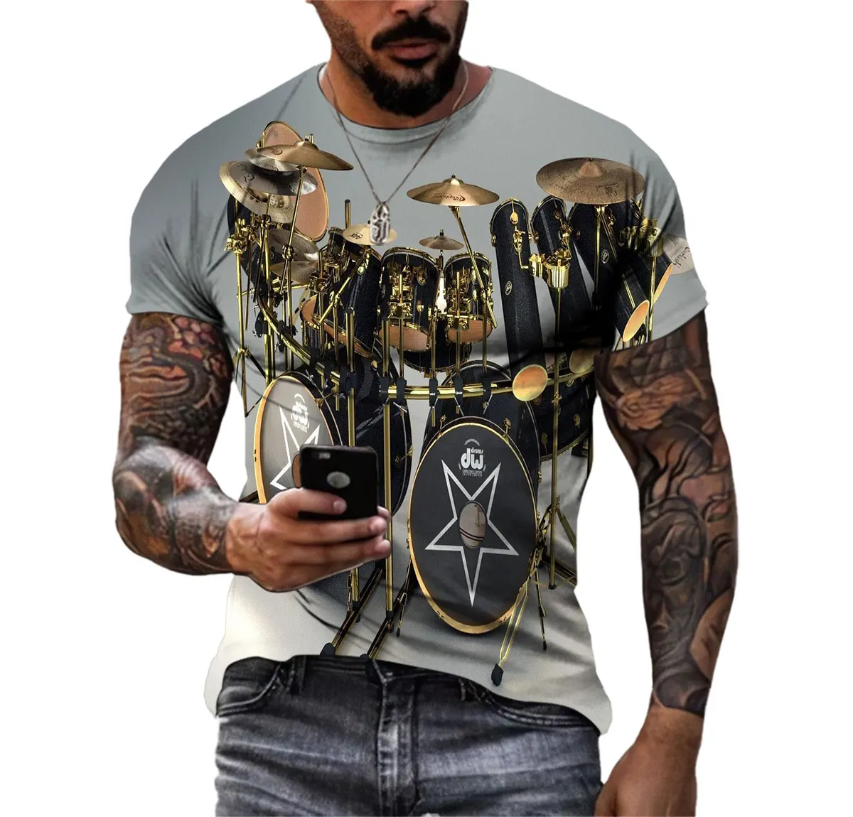 Summer Hip-Hop Color Drum Kit 3d Printed Men\'S T-Shirt Party Large Size Short Sleeve Premium Quick-Drying Comfortable Clothing