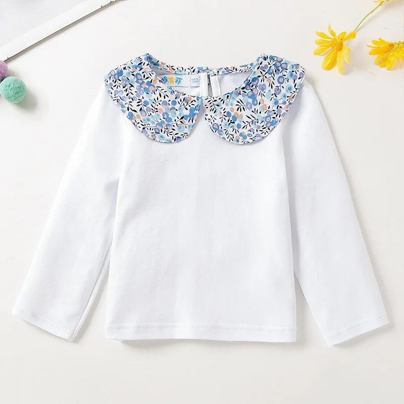 Baby Girls White Shirt Spring Autumn Kids Long Sleeve Basic Blouse With Floral Collar 1--5Y