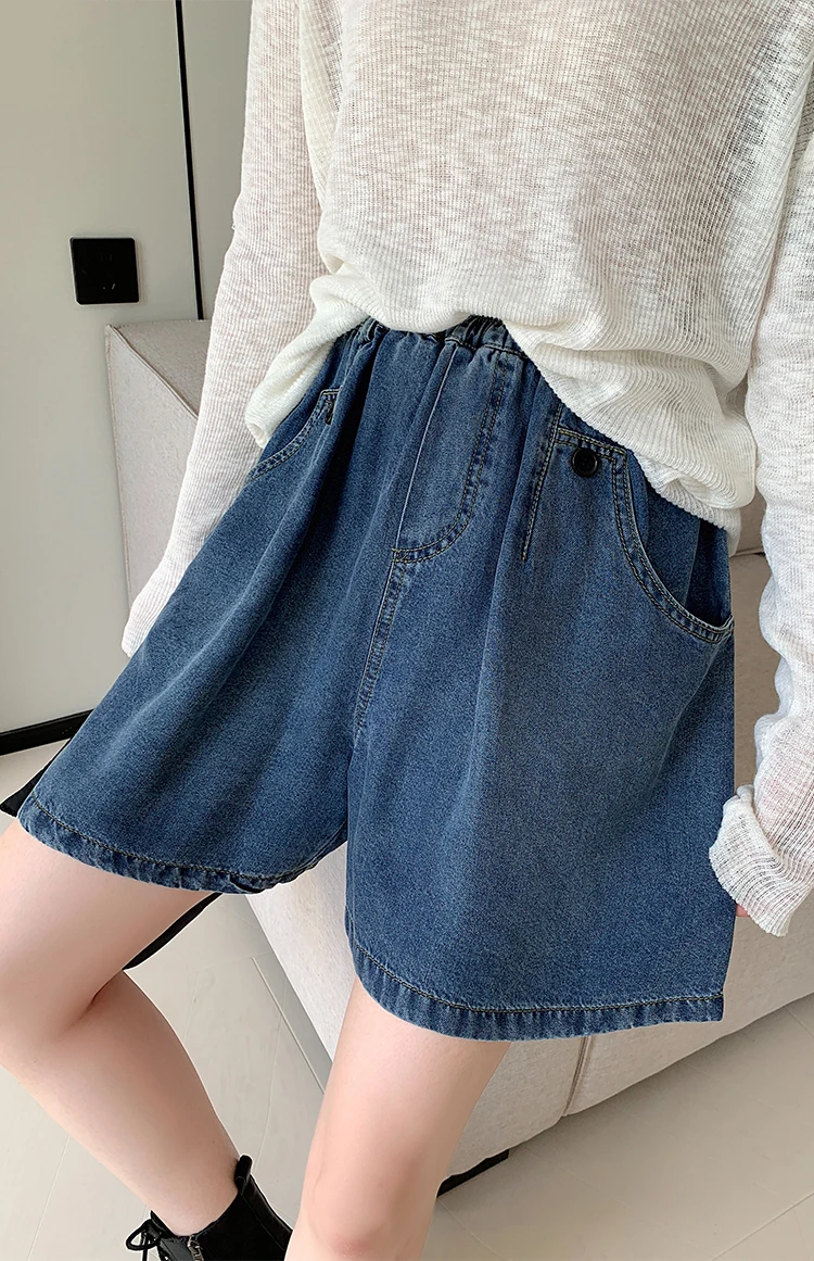 New 2025 Summer Plus Size Denim Shorts For Women High Elastic Wasit Wide Leg Loose Blue Jean Short Women Streetwear Half Jeans