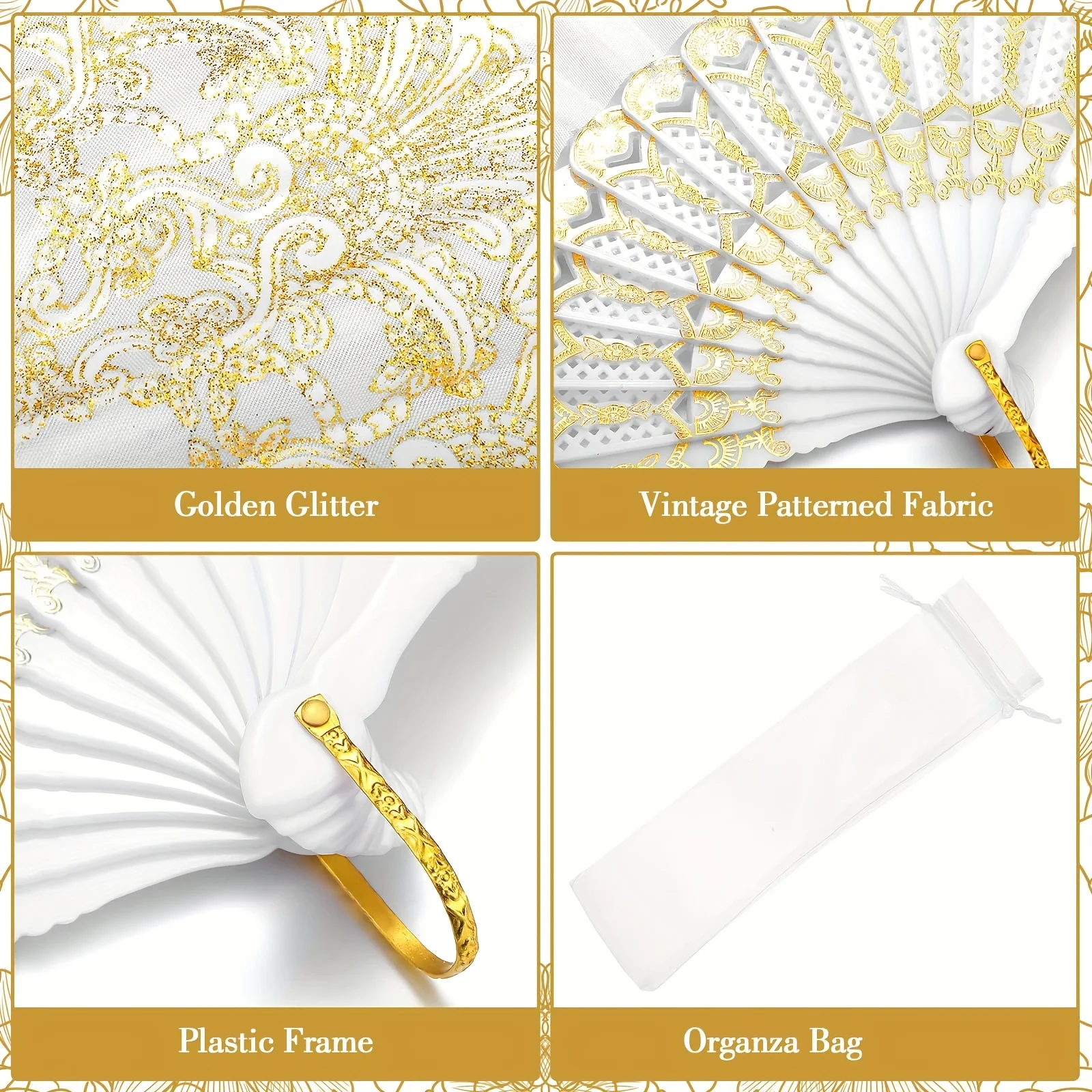 50pcs Vintage European Retro Hand Lace Foldable Fans with Organza Bags - Bridal Wedding Party Favors, Tea Party Decor, Multicol