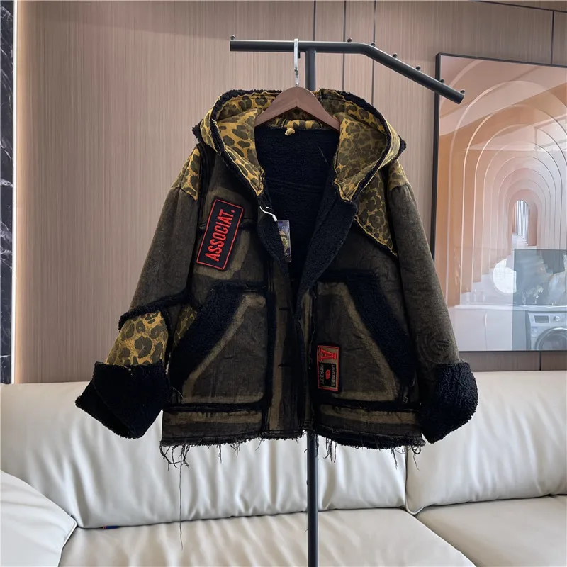 Fashion Personalized Leopard Print Hooded Jacket Women\'s New Loose Casual Long Sleeved Streetwear Single Breasted Cotton Coat