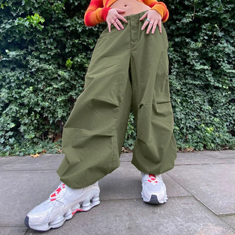 Damenmode schlanke Kordel zug Hose mit weitem Bein solide lässige Hip Hop Baggy Cargo hose niedrige Taille Grunge lose Overalls y2k Mädchen