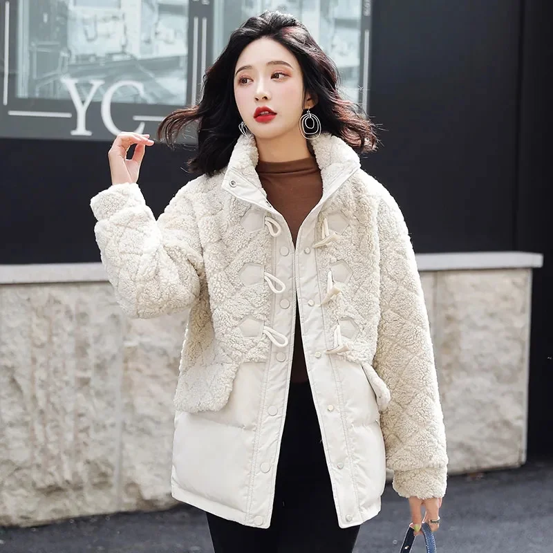 

Lamb Fleece Women 2023 Winter New Korean Spliced Jacket Stand up Collar Cow Horn Button Cotton Coat Female Particle Fleece Coat