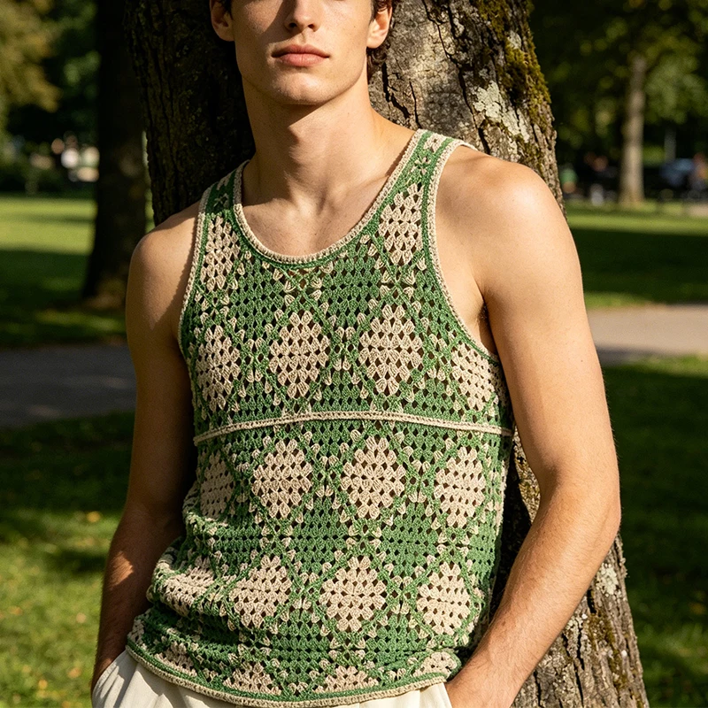 Fashion Sleeveless O Neck Mens Knit Tank Tops Summer Daily Casual Breathable Hollow Out Vest Vintage Men Contrast Color Camisole